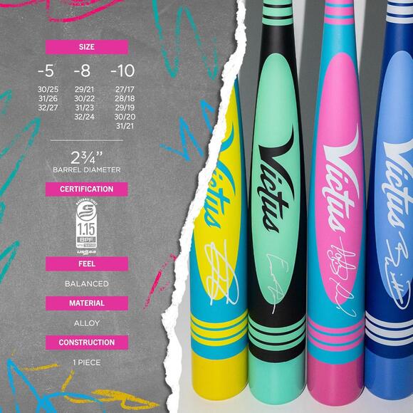 New Vibe Pro-Crayon Alloy USSSA -8 Baseball Bat 32in 24oz Tatis Pink2025 Victus - Picture 5 of 7
